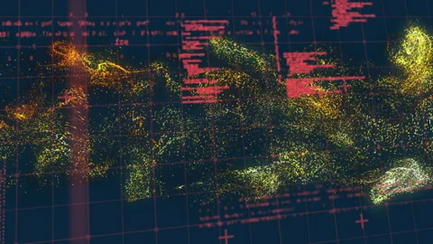 Cloud emerging into wavy stream, code columns cascading and particles dispersing Video stock 310780456