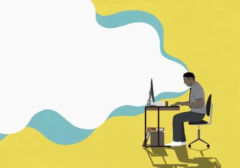 Cloud emitting from businessman working at computer at desk Stock Illustration