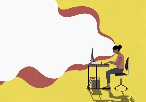 Cloud emitting from woman using computer at desk Stock Illustration