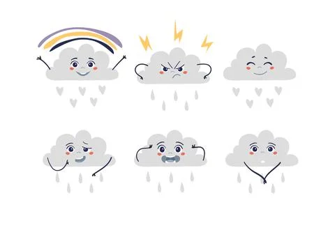 Cloud emoticon with different emotions, thunderstorm, rainbow, rain, cute fla Stock Illustration