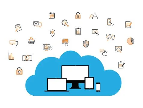 Cloud enabled equipment with internet business icons イラスト素材