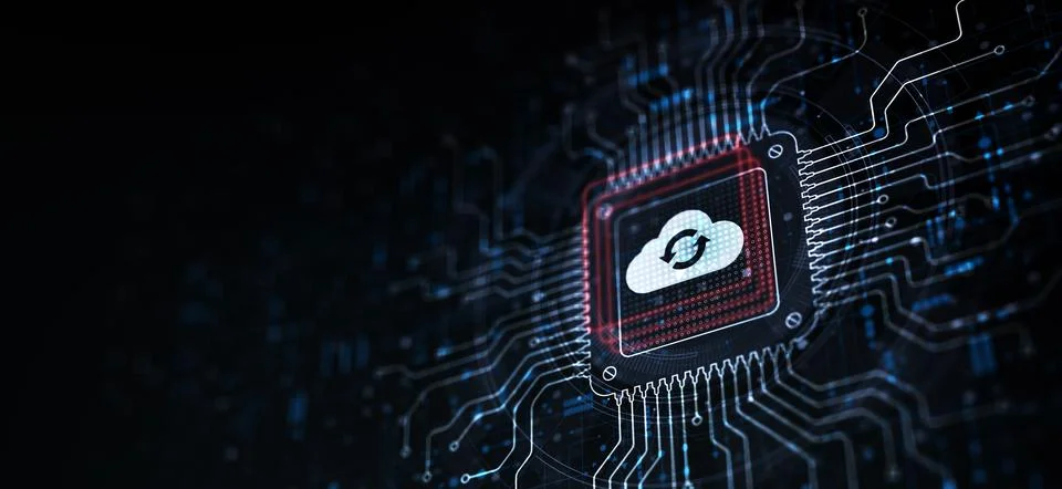 Cloud Enabling Scalable Solutions for Data Storage Illustrated on a Processor Stock Illustration