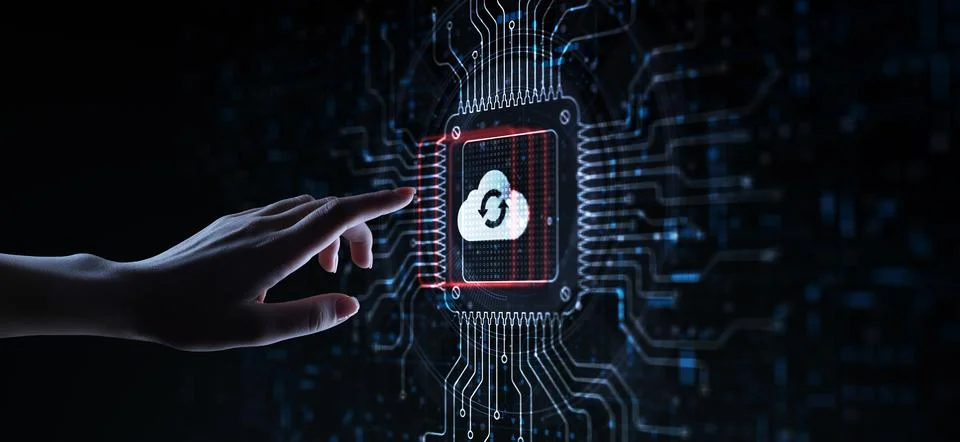 Cloud Enabling Scalable Solutions for Data Storage Illustrated on a Processor Stock Photos