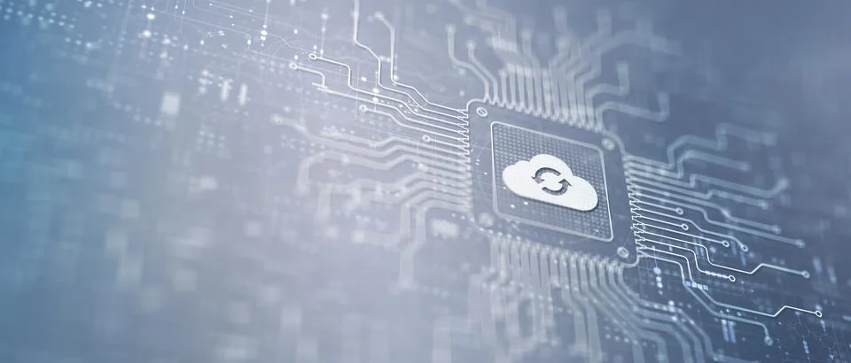 Cloud Enabling Scalable Solutions Illustrated on a Processor. Stock Illustration