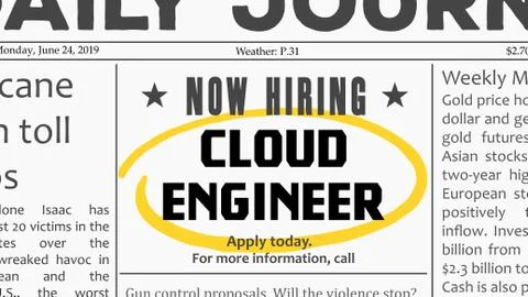 Cloud engineer job offer. Newspaper classified ad career opportunity. Stock Illustration