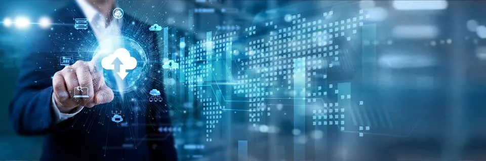 Cloud engineer scales the server, touching on circle global infrastructure... Stock Photos