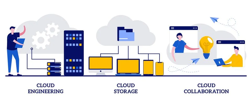 Cloud engineering, storage and collaboration concept with tiny people. Clou.. Stock Illustration
