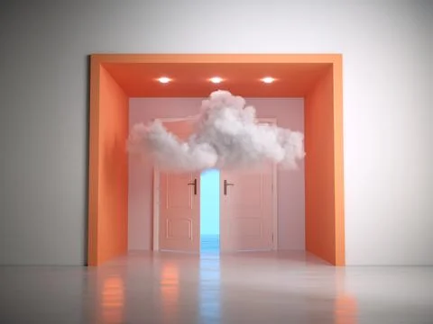Cloud entered through an open door. Creative mind and escape concept. Stock Illustration