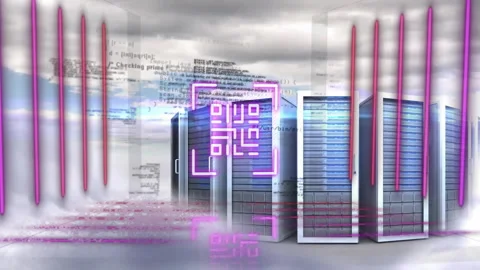 In cloud environment, futuristic digital code and interface elements on data Stock Footage 303608599