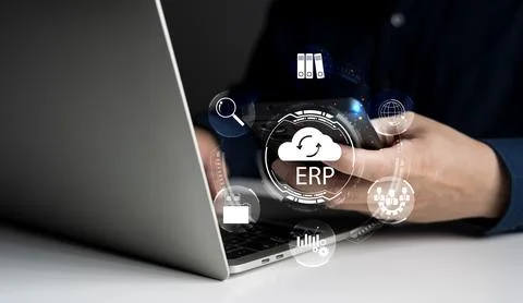 Cloud ERP, Enterprise Resource Planning concept. Businessman connecting data. 스톡 사진