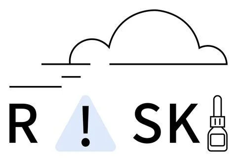 Cloud, exclamation mark, bottle spelling RISK in black and blue colors. Ideal Stock-Illustration