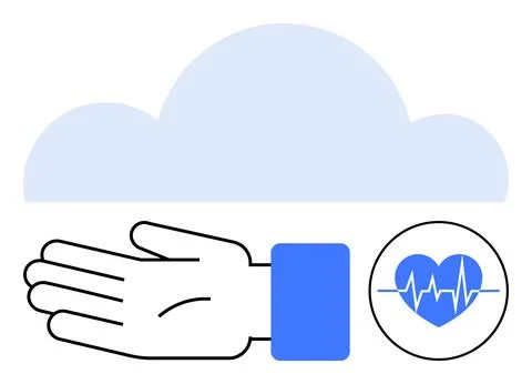 Cloud, extended hand, heart with heartbeat signal inside circle. Ideal for he Stock Illustration