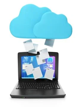 Cloud file storage technology. cloud throws files on a laptop on a white back Illustrazione stock