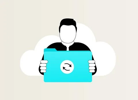 Cloud file synchronization. Illustration of man holding computer folder with Stock Illustration