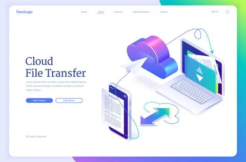 Cloud file transfer isometric landing page, banner Stock Illustration