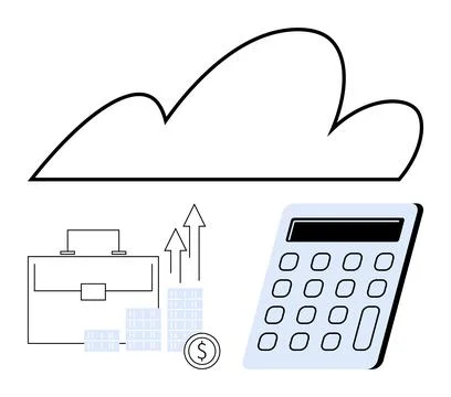 Cloud with financial elements including a calculator, briefcase, rising arrow イラスト素材