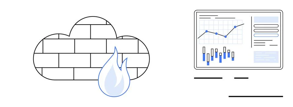 Cloud firewall built from bricks with a blue flame next to an analytics dashb 스톡 일러스트