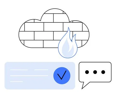 Cloud Firewall Concept with Firewall Icon, Flame, Checklist, and Message Bubb Stock Illustration
