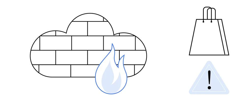 Cloud Firewall with Flame, Shopping Bag, and Alert Icon Abstract Design 库存插图