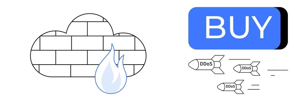 Cloud firewall with a flame symbol stopping DDoS missiles heading towards a b Stock Illustration