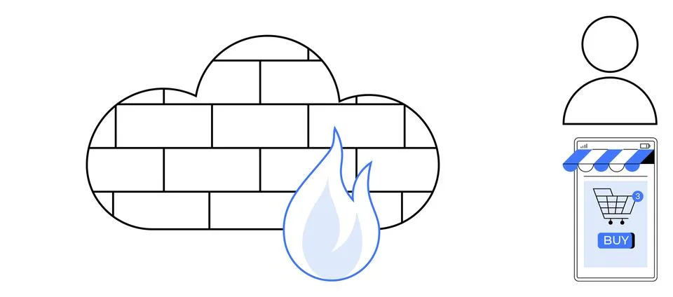 A cloud firewall represented by a brick-patterned cloud and a flame, alongsid Stock Illustration