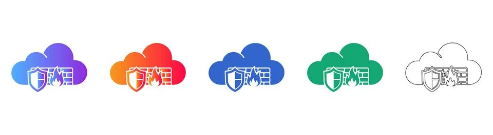 Cloud Firewall Security Icon Set with Gradient and Outline Variations Stock Illustration