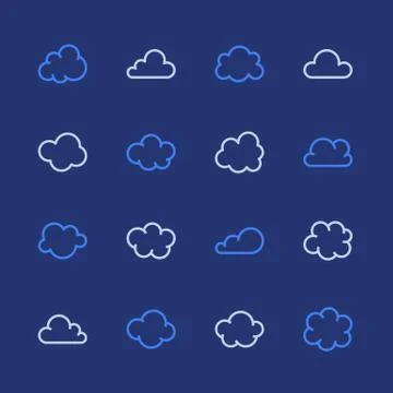 Cloud flat line icons. Clouds symbols for data storage, weather forecast. Thin Illustrazione stock
