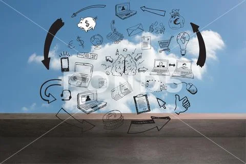 Cloud is floating over paved ground in flat design, featuring black doodle tech Stock Illustration