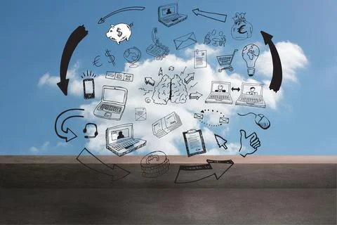 Cloud is floating over paved ground in flat design, featuring black doodle tech Stock Illustration