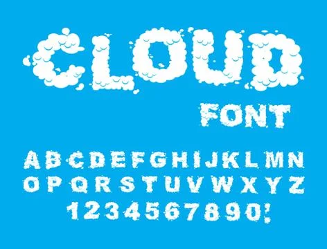 Cloud font. ABCs of white clouds in blue sky. Cloud letters and numbers. Alph Stock Illustration