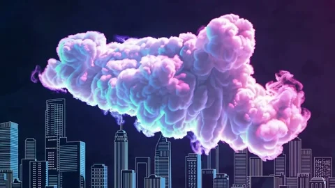 Cloud formation above a vibrant city skyline at night, showcasing dynamic colors Stock Footage 297467807
