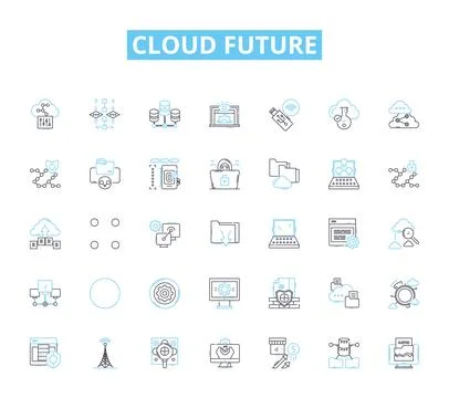 Cloud future linear icons set. Advancement, Efficiency, Collaboration, Storage Stock Illustration