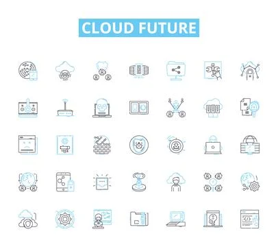 Cloud future linear icons set. Advancement, Efficiency, Collaboration, Storage Illustrazione stock