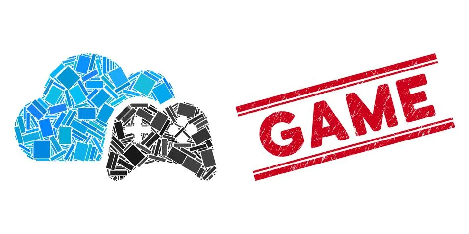 Cloud Game Controller Mosaic and Distress Game Seal with Lines 스톡 일러스트