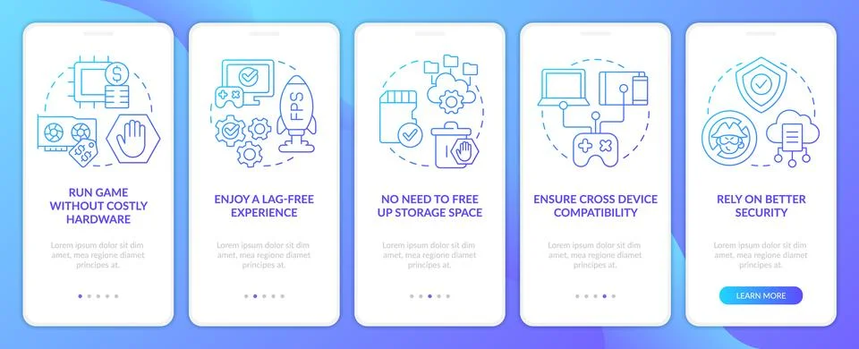 Cloud gaming benefits blue gradient onboarding mobile app screen Stock Illustration
