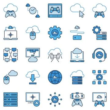 Cloud Gaming colored icons. Vector Playing games remotely signs 스톡 일러스트