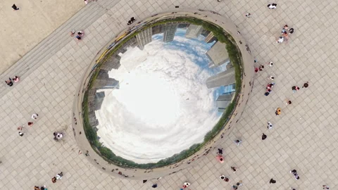 Cloud Gate aka The Bean, Top Down Drone Shot of Landmark and People, Chicago Stock Footage 318076225