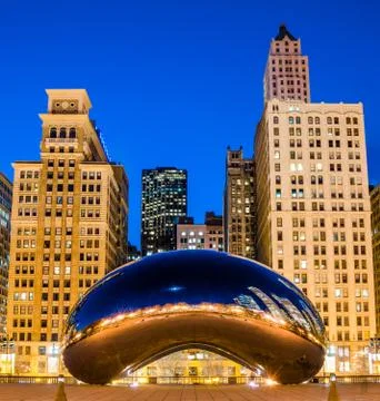 Cloud Gate during Blue Hour Stock Photos