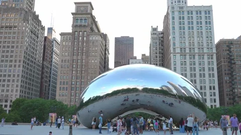 Cloud Gate Sculpture With Chicago Skyline And Crowd In Millennium Park Stock Footage 336270376