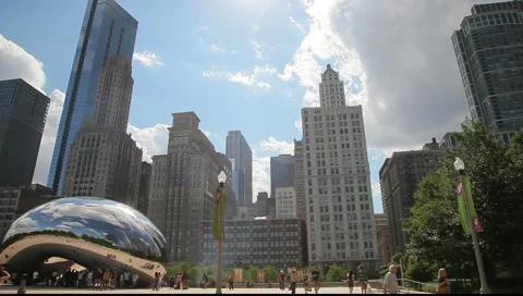 Cloud Gate Wide Pan with Downtown Chicago Skyline Stock Footage
