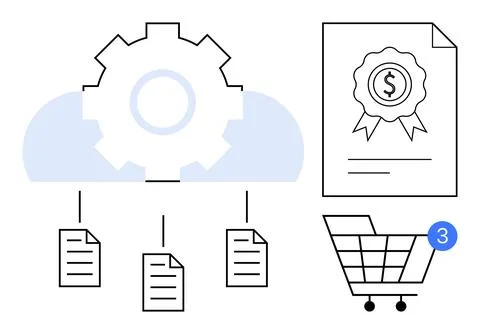 Cloud with gear icon connecting to documents, financial certificate with doll Stock Illustration
