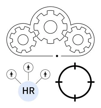 Cloud gear integration, HR node connections, and target focus symbol. Ideal f イラスト素材