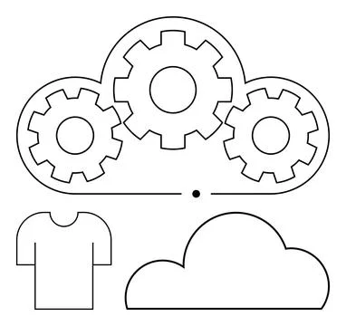 Cloud with gears, connected dot, t-shirt outline, and another cloud sketch. I Stock Illustration
