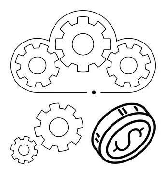 Cloud with gears integrated represents technology, and coin with dollar sign  Stock Illustration