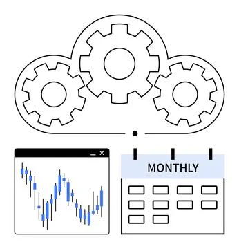 Cloud with gears representing technology integration above a fluctuating data 스톡 일러스트