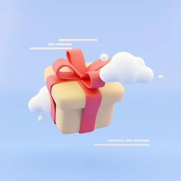 Cloud with gift box pastel blue background. Creative idea. Minimal concept. 3d Stockillustratie
