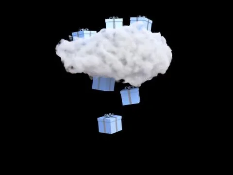 Cloud with gift box rain on black background. Creative idea. Minimal concept. 3d Illustrazione stock