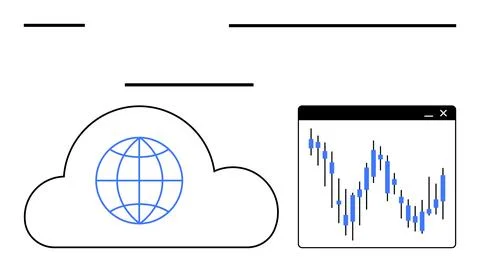 Cloud with global icon and graph in web window indicating analytics and data  Illustrazione stock