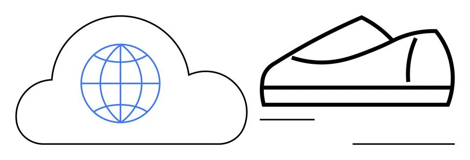 Cloud with globe and a moving shoe emphasizing technological progress and con Stock Illustration