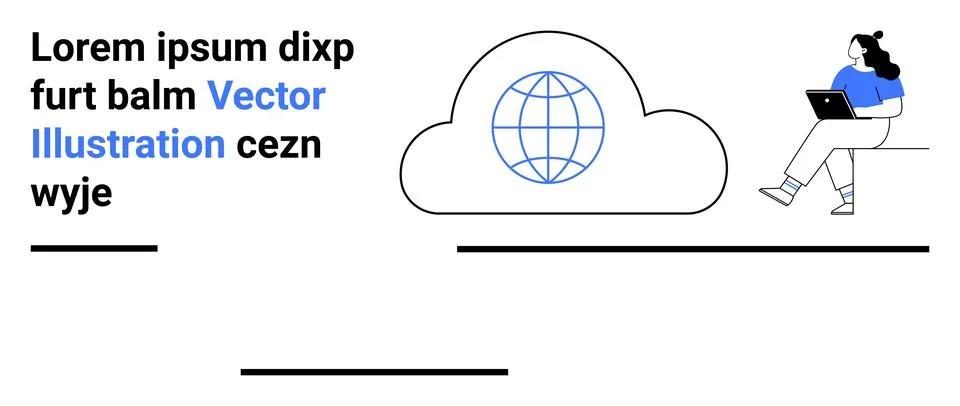 Cloud with globe icon, text block, and person with laptop sitting on a cloud. Illustrazione stock